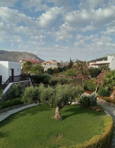 Garden and buildings with mountains in the background.