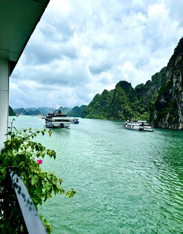 Majestic bay with several cruise boats and limestone karsts.