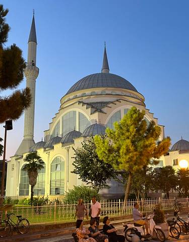Dome mosque building with decorative lights at night.