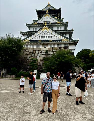 Tourists in front of a historic castle.