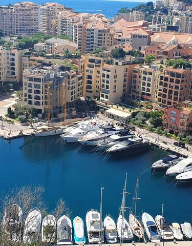 Aerial view of a harbor filled with boats next to colorful buildings.