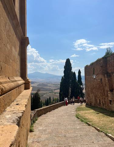 People enjoying a scenic hilltop view in Tuscany.