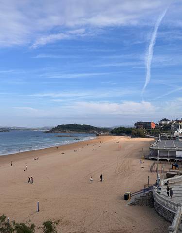 Sandy beach with a distant view of a city.