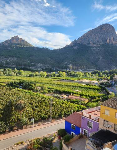 Fertile valley with fields and distant mountains