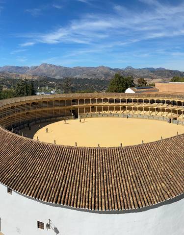 Aerial view of a historic bullring in a quaint town.