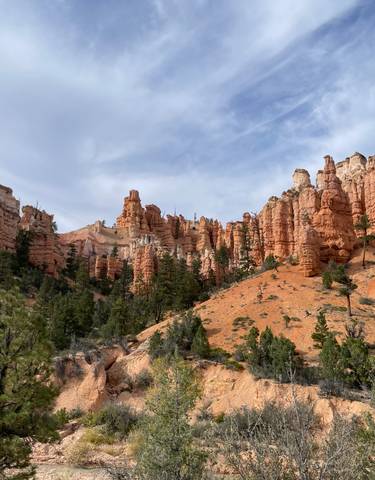 View of Bryce Canyon's rock formations and desert landscape.