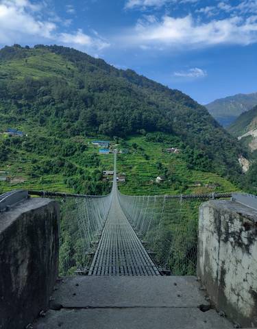 Suspension bridge over a lush green valley.