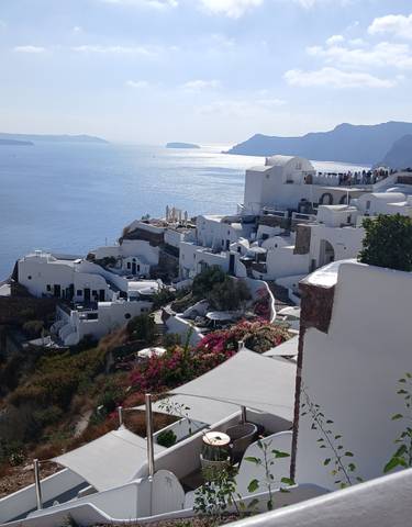 Scenic coastal view of white buildings by the sea