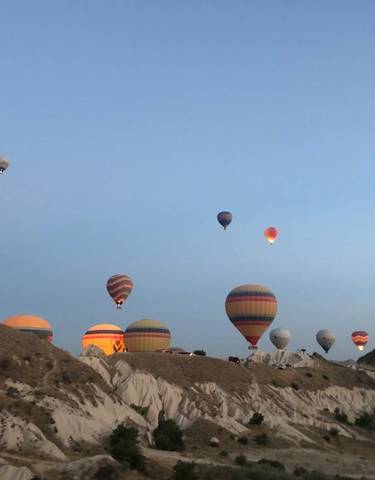 Colorful hot air balloons flying over rocky landscape.