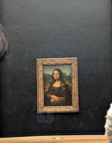 Close-up of the Mona Lisa painting behind protective glass