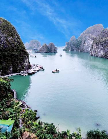 Dramatic view of Halong Bay with limestone formations.