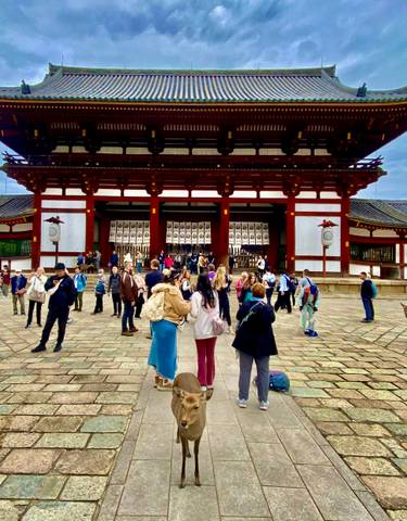 A temple entrance with tourists and deer wandering around.