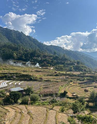 Terraced fields with smoke rising, set against a mountain backdrop.