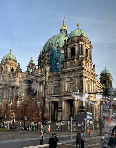 View of the Berlin Cathedral with glass reflections