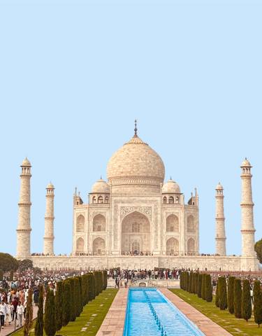 The Taj Mahal with clear blue sky.