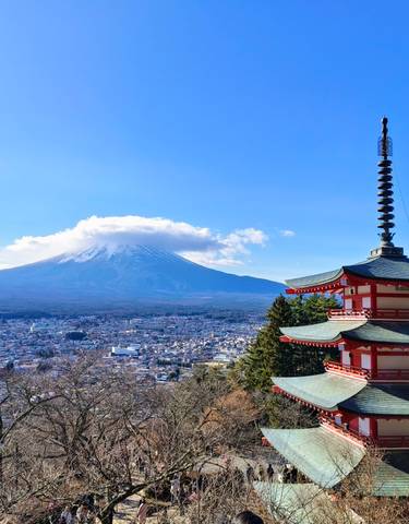View of a pagoda with Mount Fuji in the background.