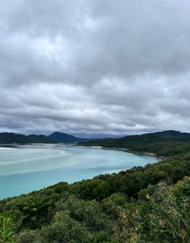 Panoramic view of a bay with cloudy skies.