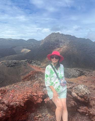 A person standing in front of a volcanic landscape with a clear sky.