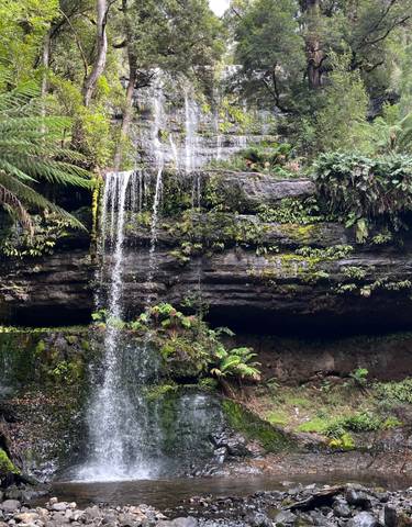 Waterfall cascading over a mossy cliff.