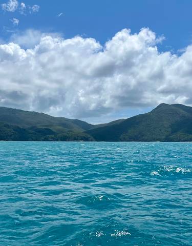 Ocean with waves and hills under a cloudy sky.