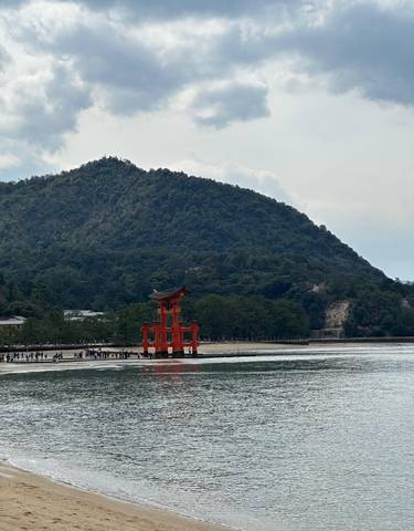 View of a torii gate in the water with a mountain in the background.