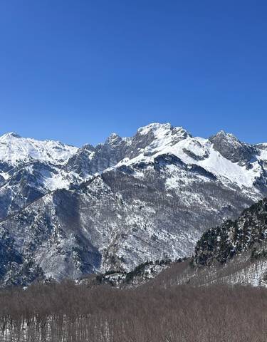 Snow-covered mountain peaks under a clear blue sky.
