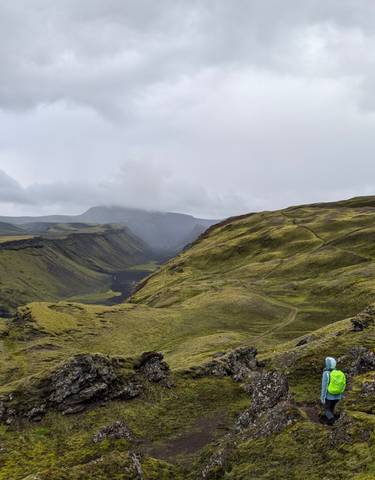 Hikers viewing a waterfall in a vast green landscape.