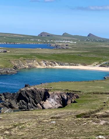 Scenic coastline with green fields and sandy beach.