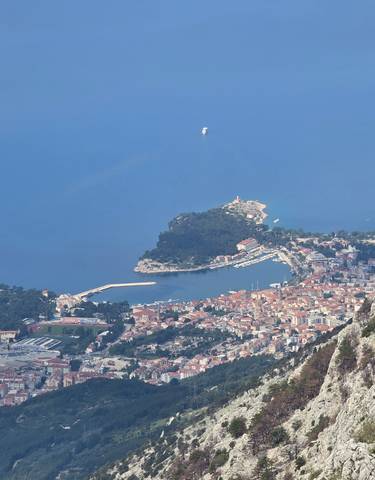 Aerial view of a coastal city with a mountain backdrop.