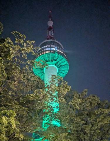 A green-lit observation tower among trees at night.