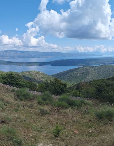 A panoramic view of a green landscape with mountains and a lake.
