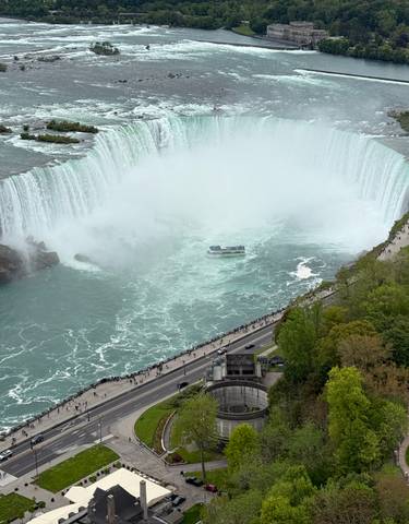 Aerial view of Niagara Falls with surrounding greenery.