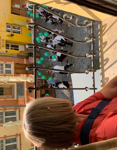 Person looking out of a window at a street parade