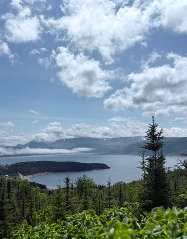 Mountainous landscape with a bay and low clouds.