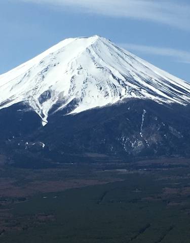 Snow-covered Mount Fuji under a clear sky.