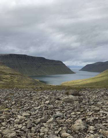 Majestic fjord landscape with rocky ground and cloudy sky.