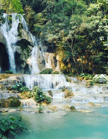Cascading waterfalls in a lush green forested area.