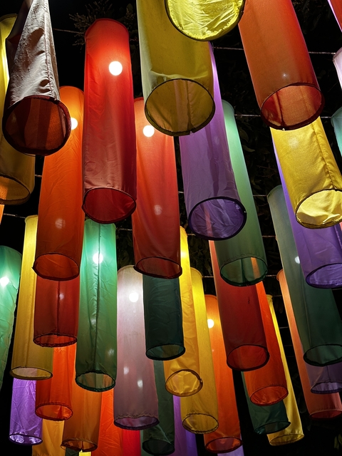 Colorful lanterns hanging and lit in the night.