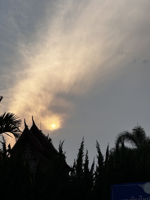 Silhouette of a temple against a sunset sky.