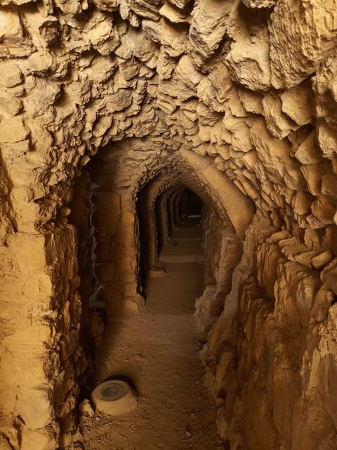Ancient cave-like passage with arched stone ceiling.