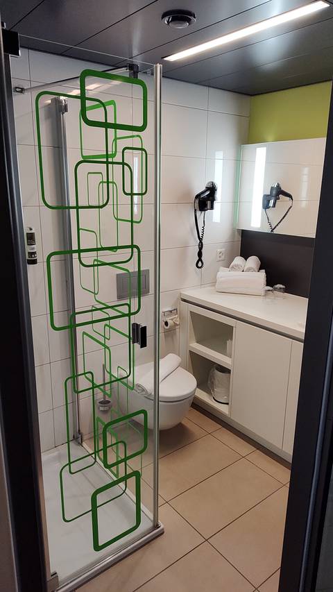 Modern open-plan bathroom with glass shower.