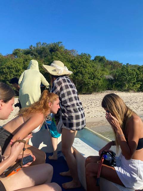 Group of people on a boat, some looking overboard.