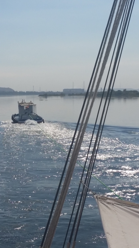 Boat moving on a sunny day with glistening water.