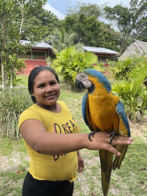 Woman holding a macaw on her hand.
