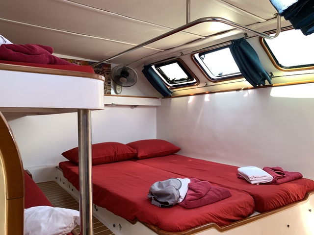 Cabin room with red bedding and overhead windows.