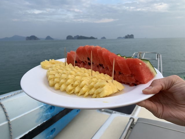 Plate of sliced watermelon and pineapple with a sea backdrop.