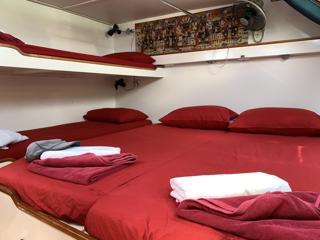 Cabin room with red bedding and bunk beds.