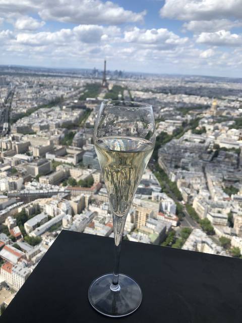 A champagne glass with a panoramic view of a city skyline and the Eiffel Tower.