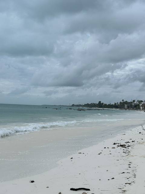 Sandy beach with waves and cloudy sky.