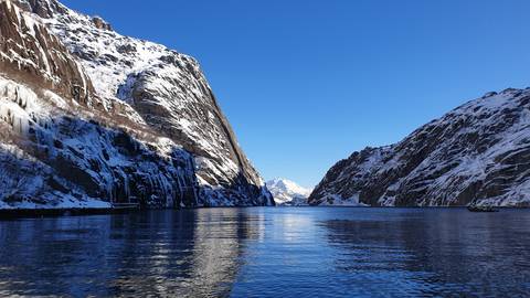 Dramatic fjord landscape with snowy mountains.